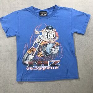 Vintage Y2K Taz Devil Biker Looney Tunes Graphic T-Shirt Boys M (5/6) Blue 90s